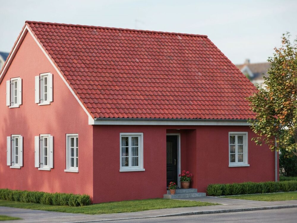 nowoczesna elewacja pod wiśniowy dach